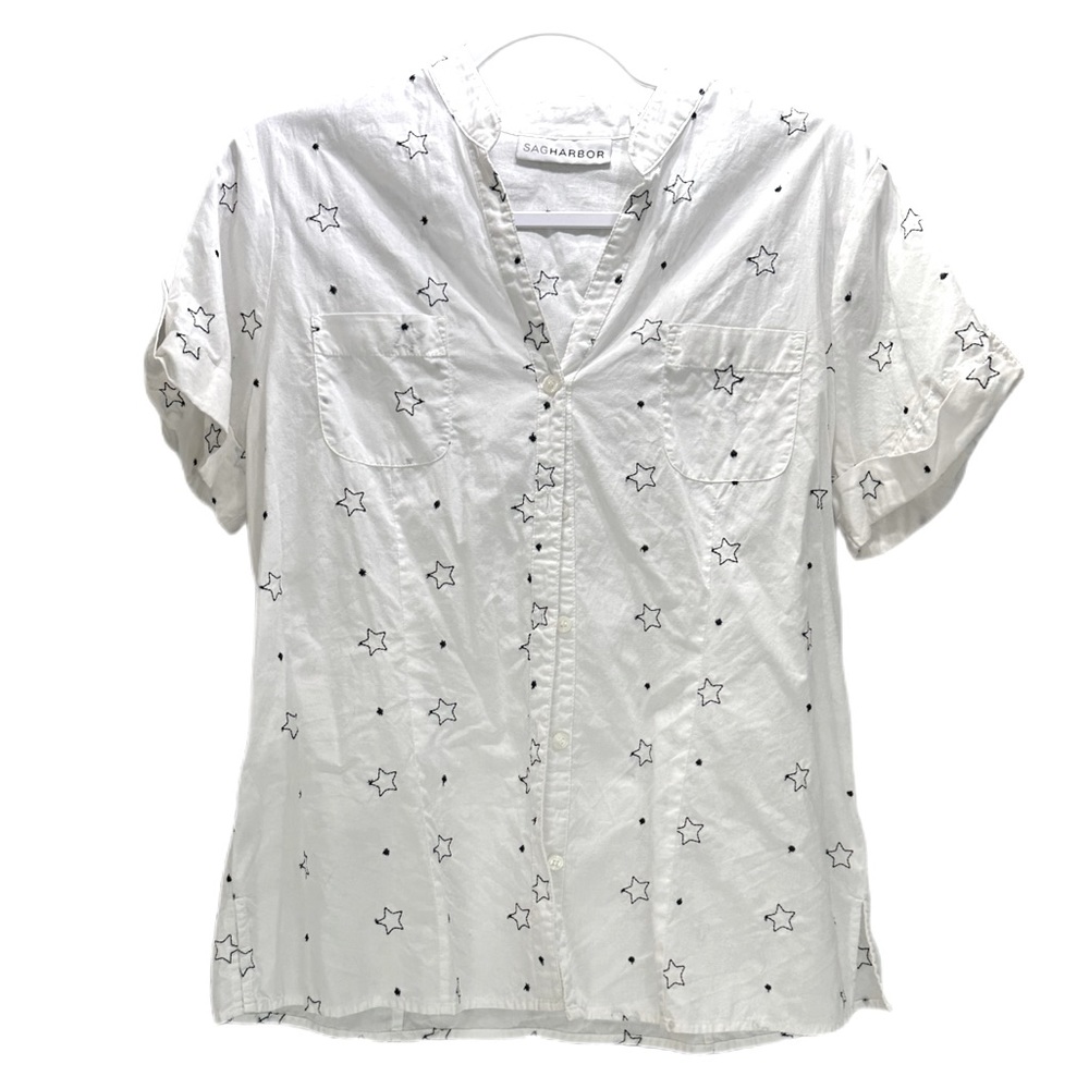 Sag Habor White Star Button Down Short Sleeve Top Size Medium